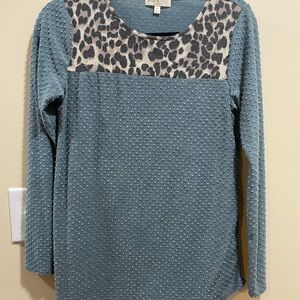 Blue Ribbed Blouse with Black and White Animal Print